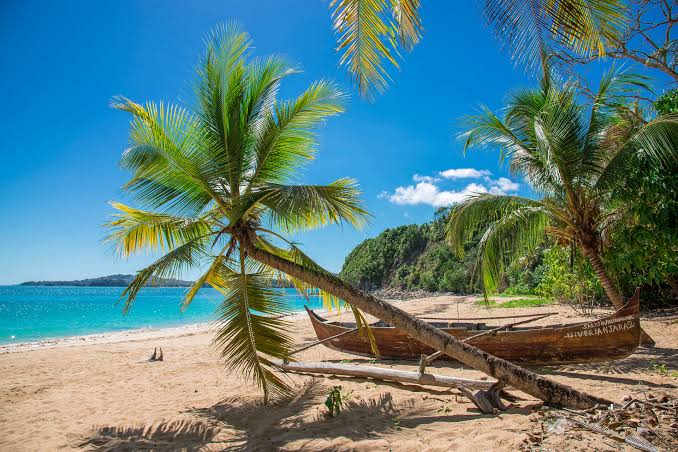 Plage bordée de cocotiers à Nosy Be, Nord de Madagascar