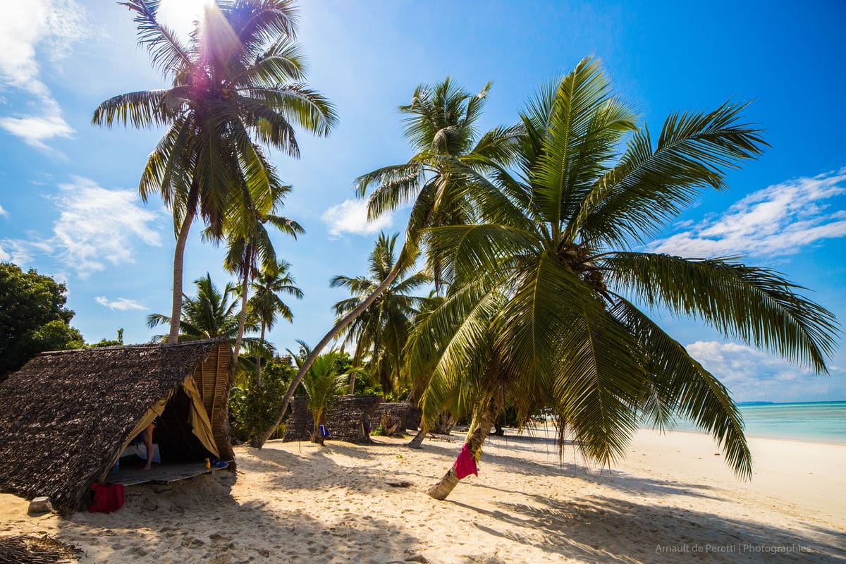 Plage de sable blanc et cocotiers à Nosy Iranja, Nord de Madagascar